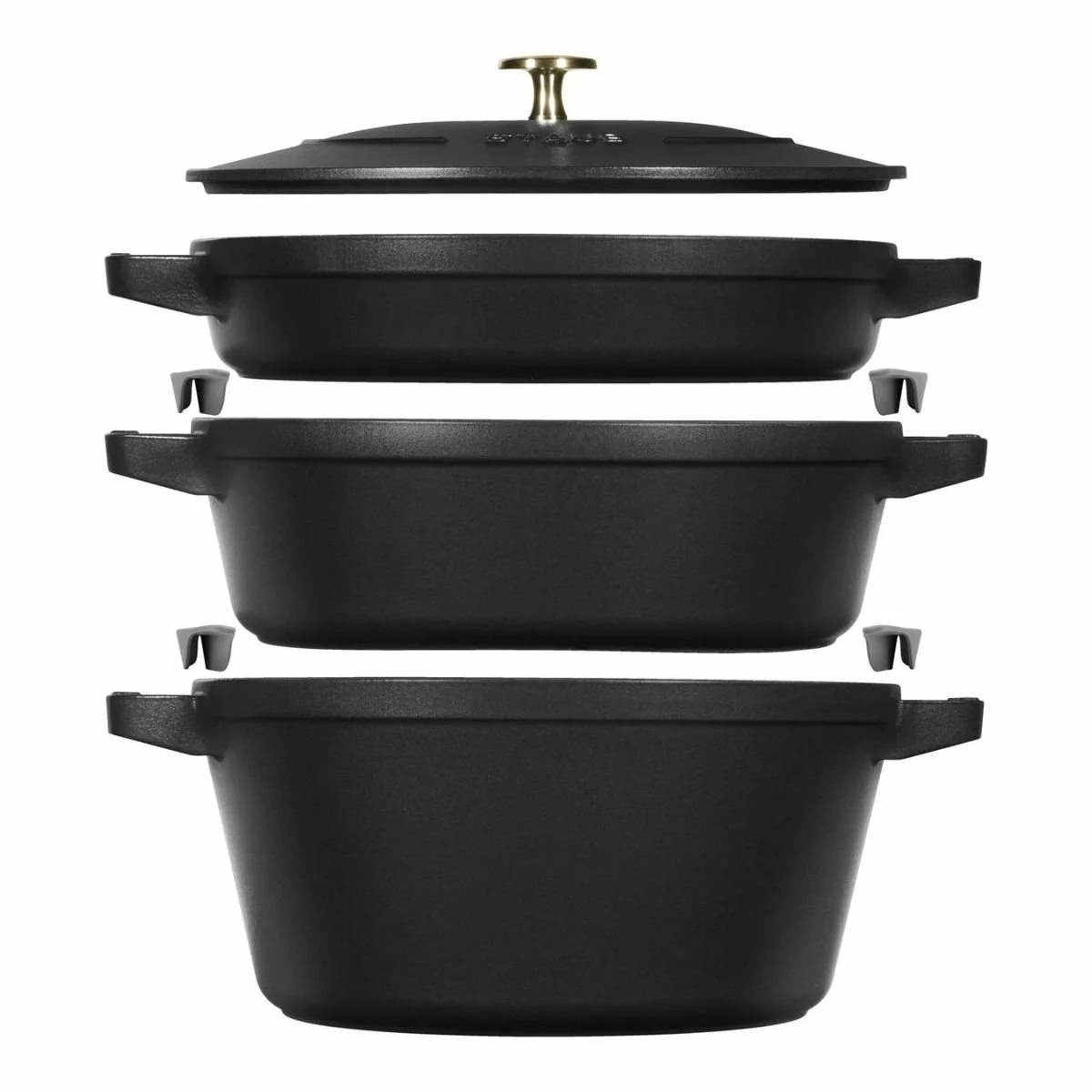 Staub Stackable Cocotte, Braiser, And Grill Pan With Lid | Black 3 Staub Stackable Cocotte, Braiser, And Grill Pan With Lid | Black