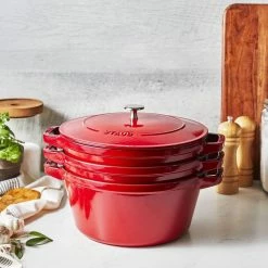 Staub Stackable Cocotte, Braiser, And Grill Pan With Lid | Cherry 21 Staub Stackable Cocotte, Braiser, And Grill Pan With Lid | Cherry -Le Creuset Shop 750051520