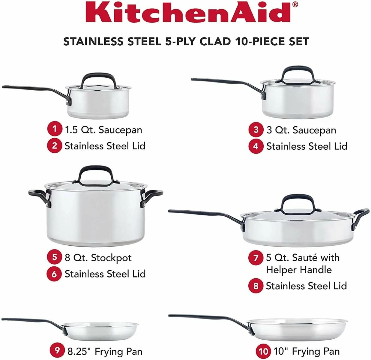KitchenAid Non-Electrics KitchenAid Stainless Steel 5-Ply Cookware Set | 10-Piece 9 KitchenAid Non-Electrics KitchenAid Stainless Steel 5-Ply Cookware Set | 10-Piece - Image 7