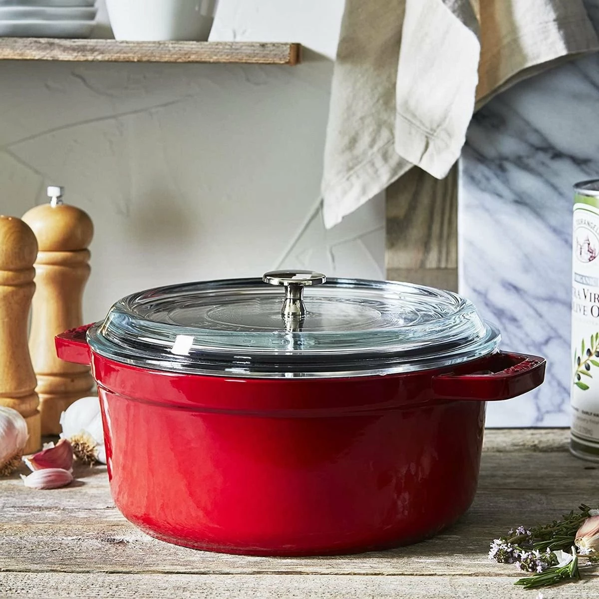 Staub 4 Qt. Round Cocotte/Dutch Oven With Glass Lid | Cherry Red 7 Staub 4 Qt. Round Cocotte/Dutch Oven With Glass Lid | Cherry Red - Image 5
