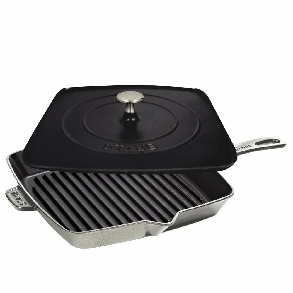 Staub 12" Square Cast Iron Grill Pan & Press Set | Graphite Grey 3 Staub 12" Square Cast Iron Grill Pan & Press Set | Graphite Grey