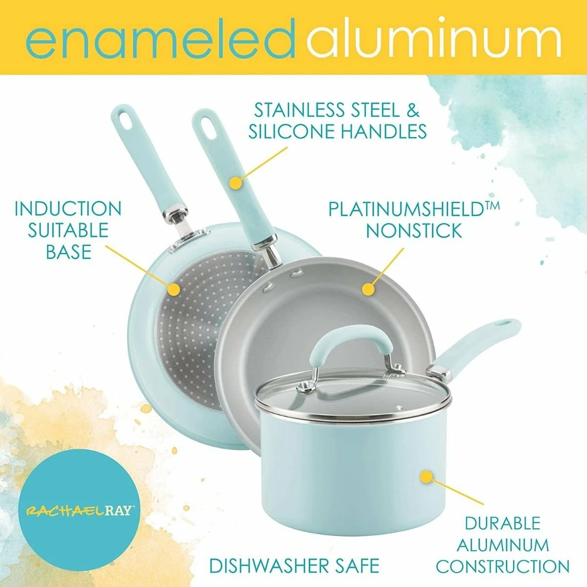 Rachael Ray 13-Piece Enameled Cookware Set | Light Blue Shimmer 4 Rachael Ray 13-Piece Enameled Cookware Set | Light Blue Shimmer - Image 2