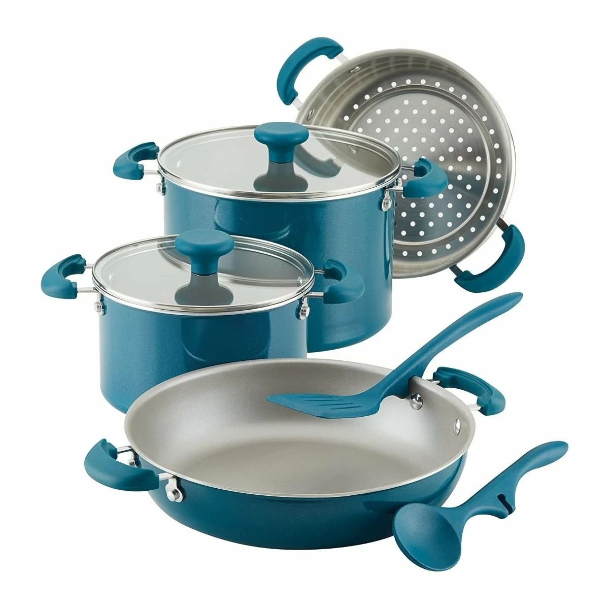 Rachael Ray 8-Piece Enameled Stacking Cookware Set | Teal Shimmer 3 Rachael Ray 8-Piece Enameled Stacking Cookware Set | Teal Shimmer