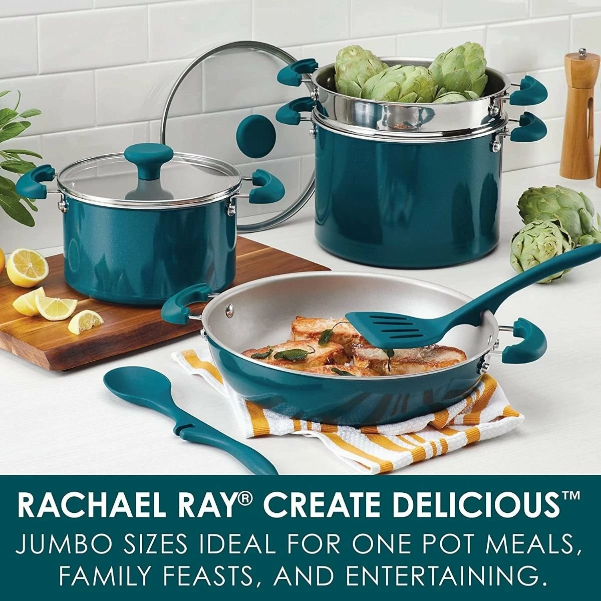 Rachael Ray 8-Piece Enameled Stacking Cookware Set | Teal Shimmer 4 Rachael Ray 8-Piece Enameled Stacking Cookware Set | Teal Shimmer - Image 2